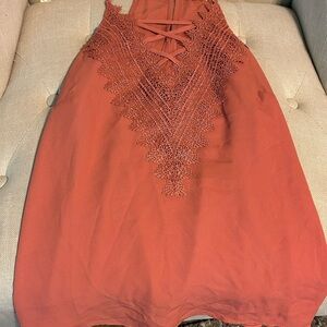 Lace V-Neck Sleeveless Tank Dress - Rust